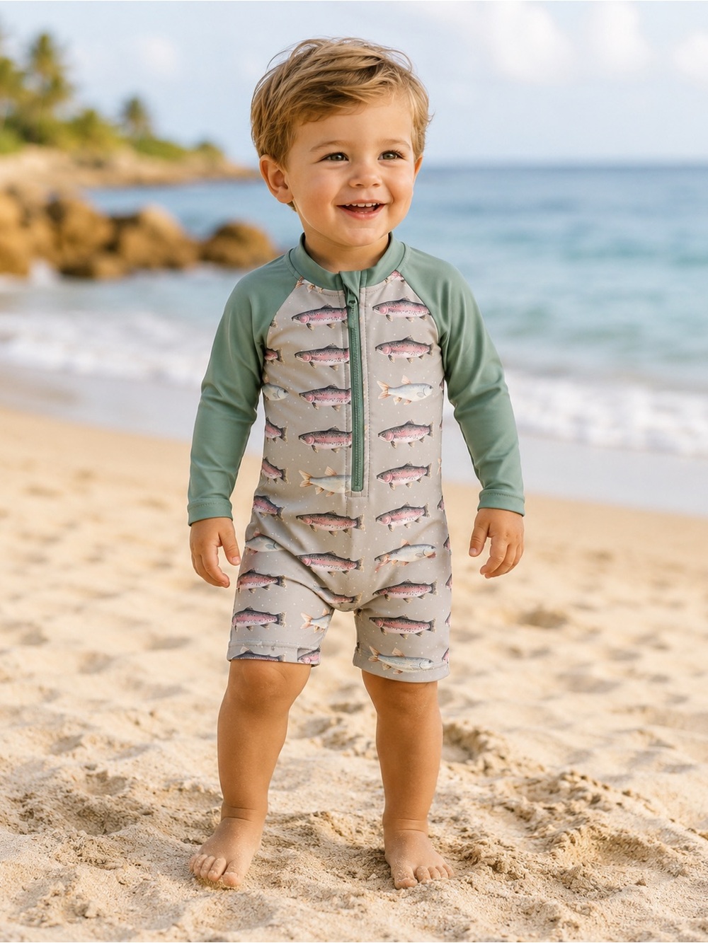 Caden Lane Sage Green & Grey Fish Print Long-Sleeve Rashguard